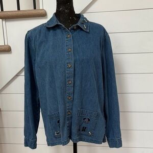 Christopher & Banks Embroidered Denim‎ Dog Shirt Button Down Large